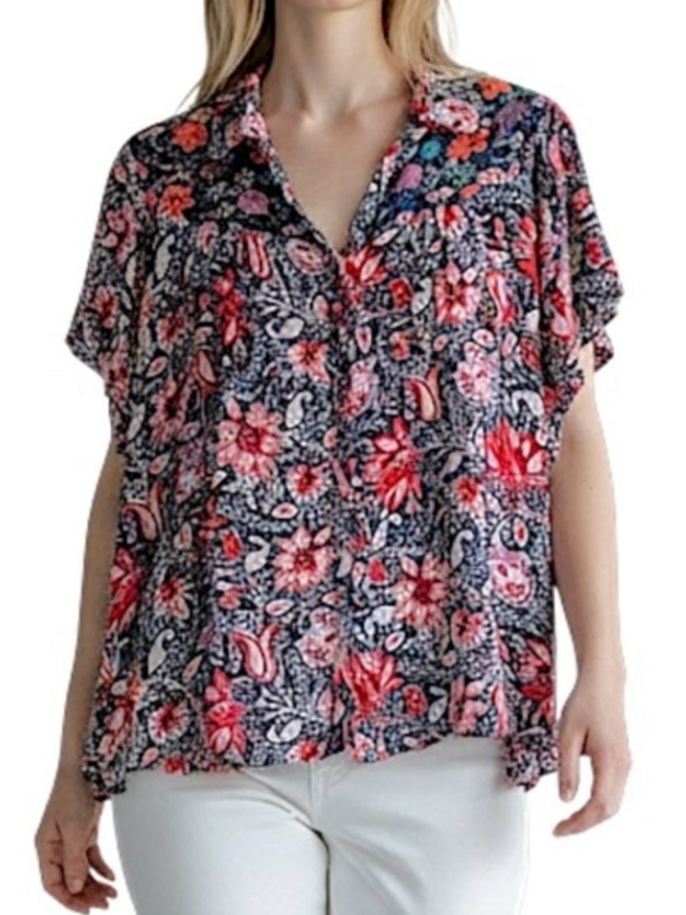 Tru Luxe Jeans Navy Paisley Floral Boho Tunic Top Medium